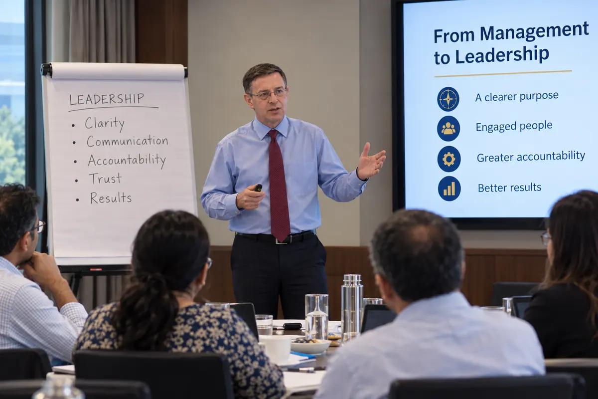 Finbarr Buckley leading a leadership workshop with a group of professionals