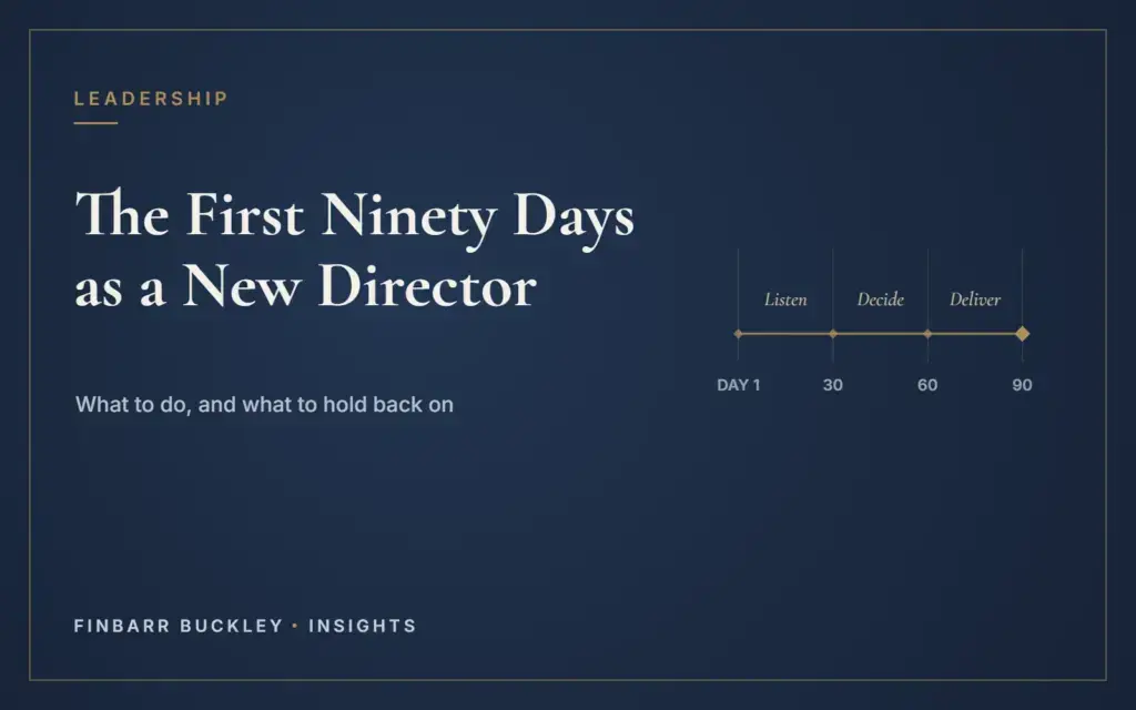 The First Ninety Days as a New Director: what to do, and what to hold back on. Finbarr Buckley Insights.